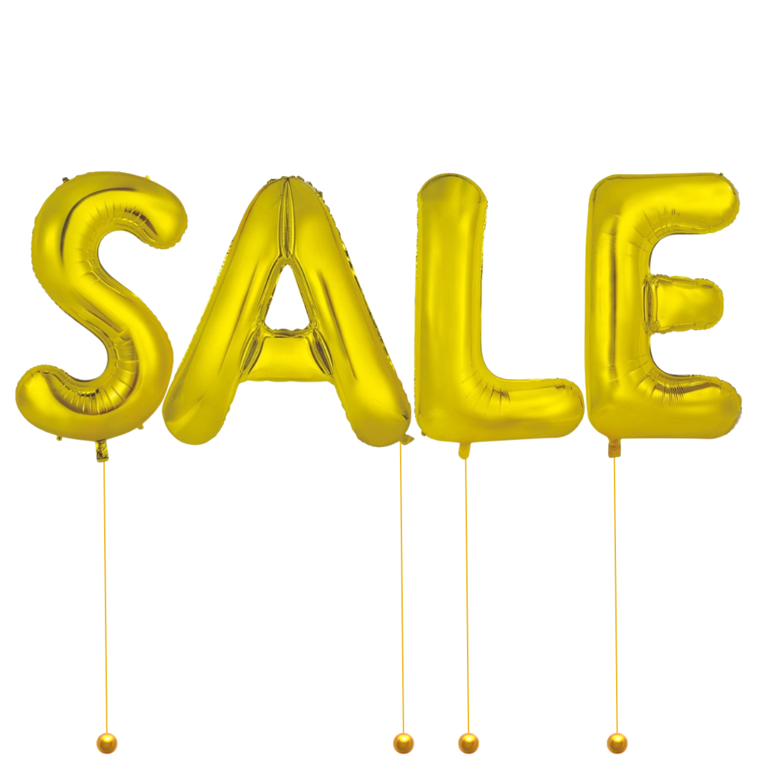 Gold 'SALE' balloon letters on a white background