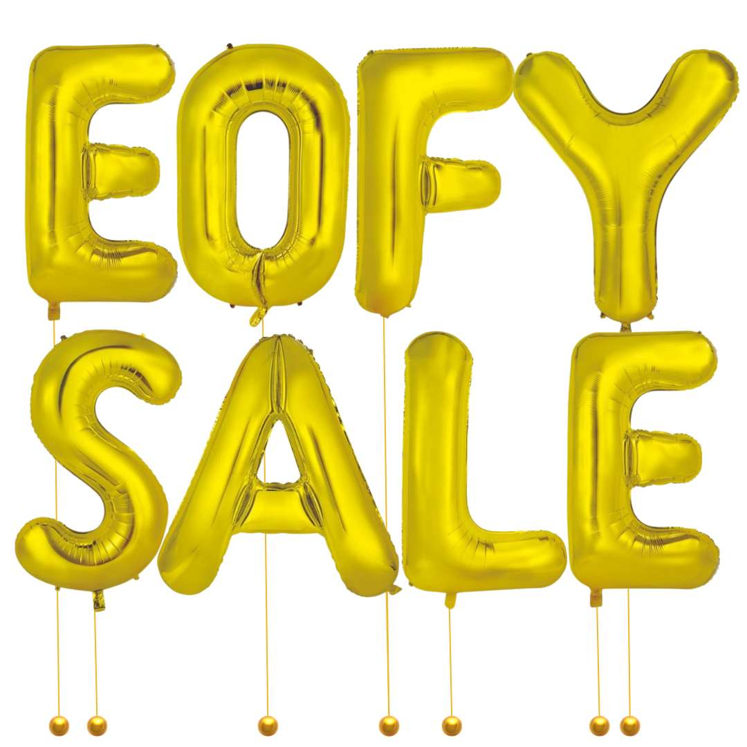 Gold 'EOFY SALE' balloons on a white background