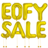 Gold 'EOFY SALE' balloons on a white background