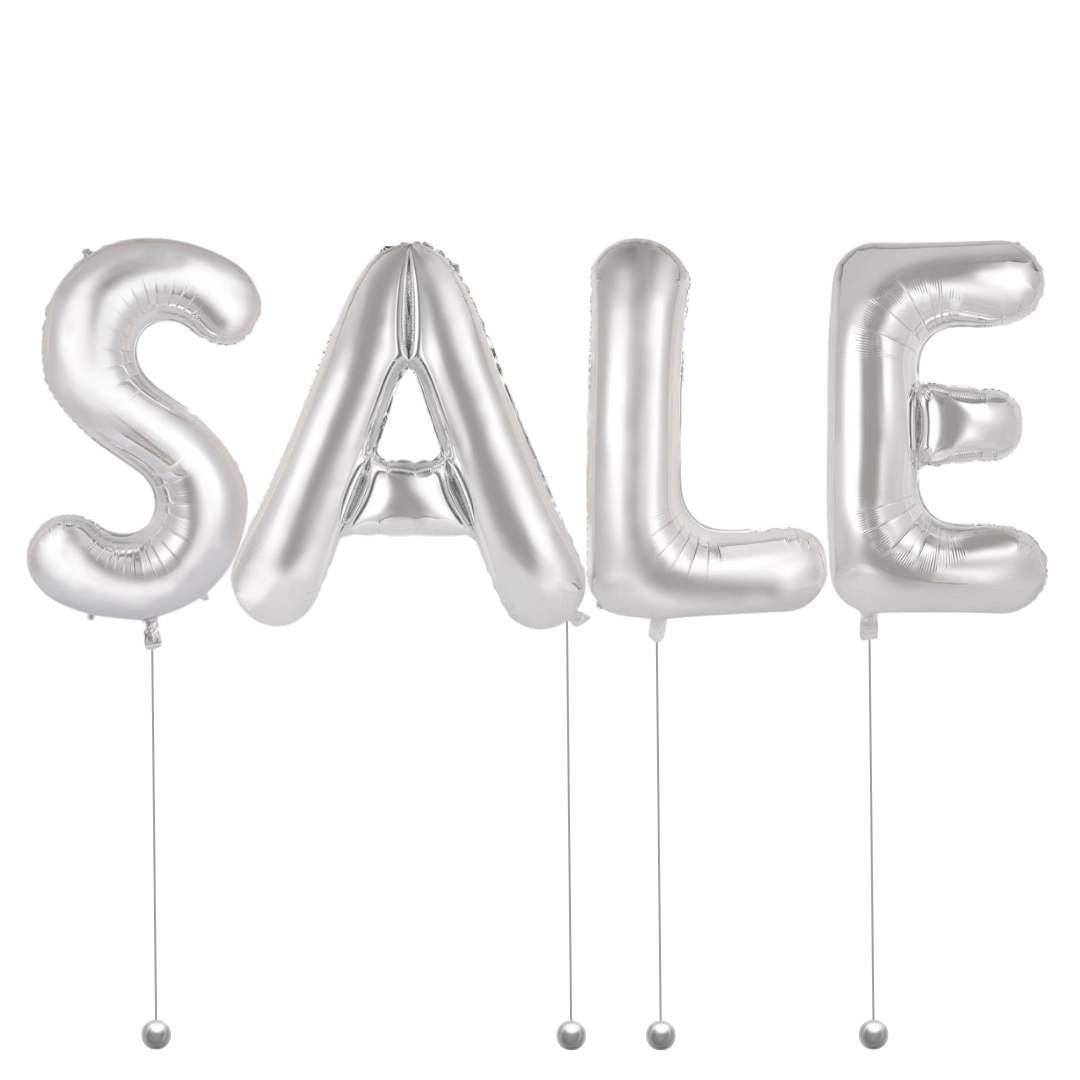 Silver 'SALE' balloon letters on a white background