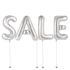 Silver 'SALE' balloon letters on a white background