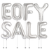 Silver 'EOFY SALE' balloon letters on a white background