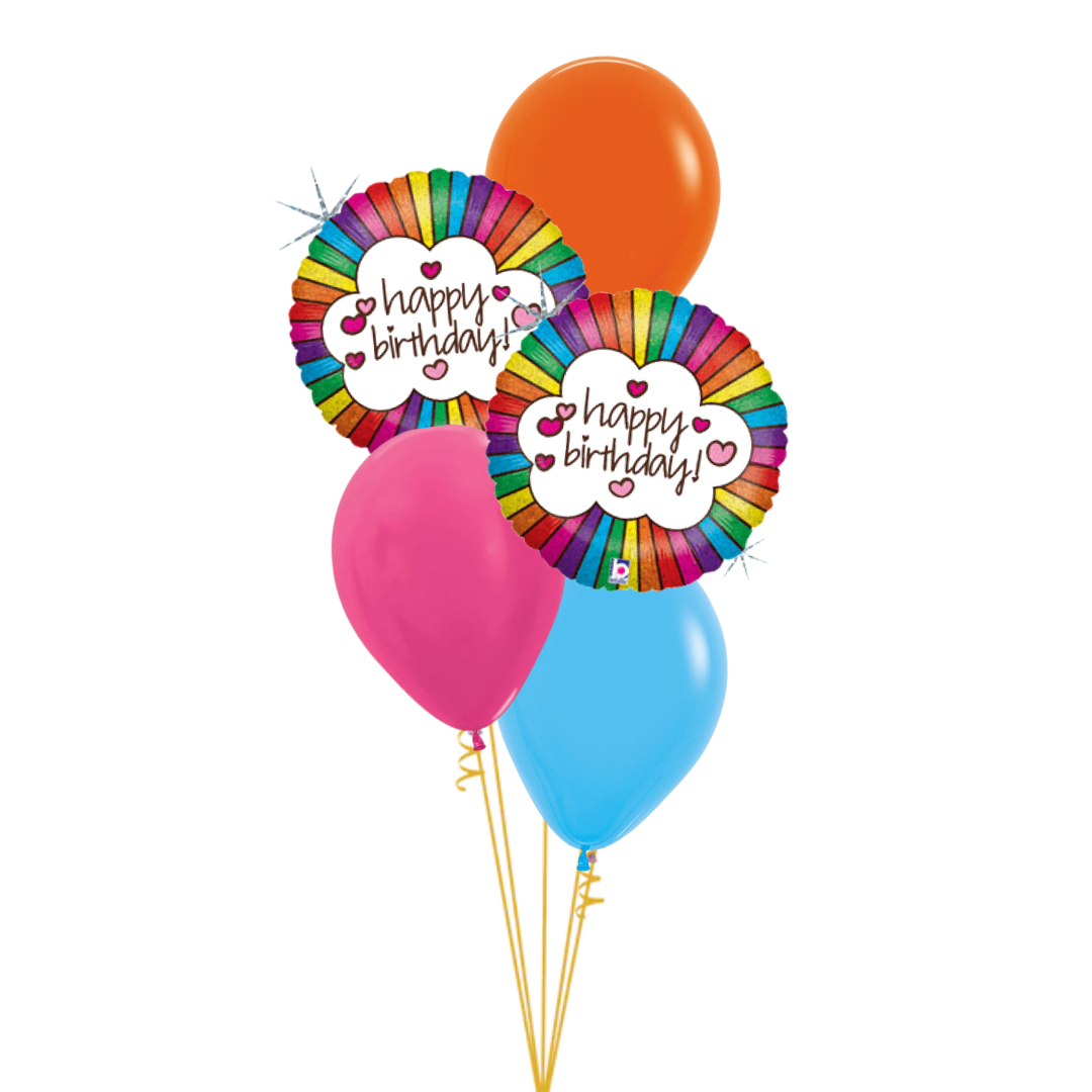 A cluster of birthday balloons on a white background, including two round foil retro rainbow balloons with rainbow borders and 'happy birthday!' text, one orange balloon, one pink balloon, and one light blue balloon.