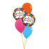 A cluster of birthday balloons on a white background, including two round foil retro rainbow balloons with rainbow borders and 'happy birthday!' text, one orange balloon, one pink balloon, and one light blue balloon.