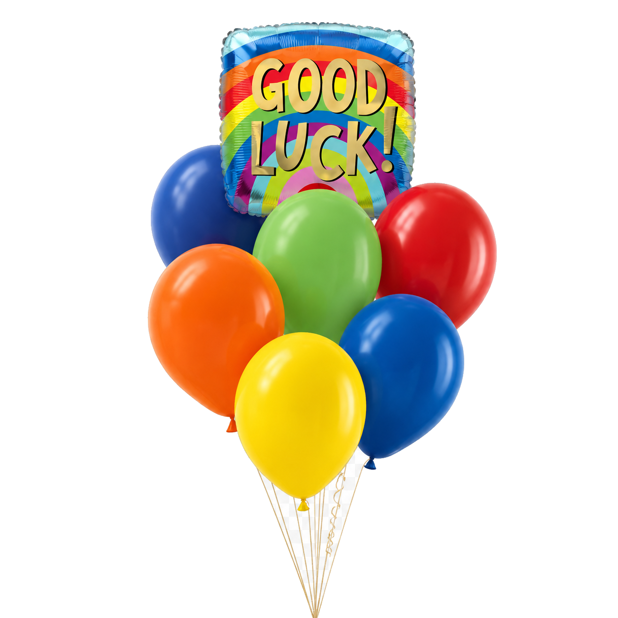 A balloon bouquet featuring a square foil 'GOOD LUCK!' balloon with a rainbow background and six latex balloons in blue, red, orange, green, yellow, and blue, tied together on a white background.