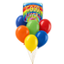 A balloon bouquet featuring a square foil 'GOOD LUCK!' balloon with a rainbow background and six latex balloons in blue, red, orange, green, yellow, and blue, tied together on a white background.
