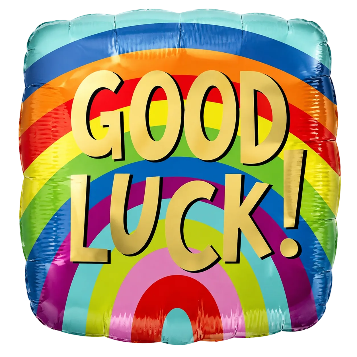 A square foil balloon with rounded corners, featuring a vibrant rainbow-striped background and the words 'GOOD LUCK!' in large gold letters with black outlines.