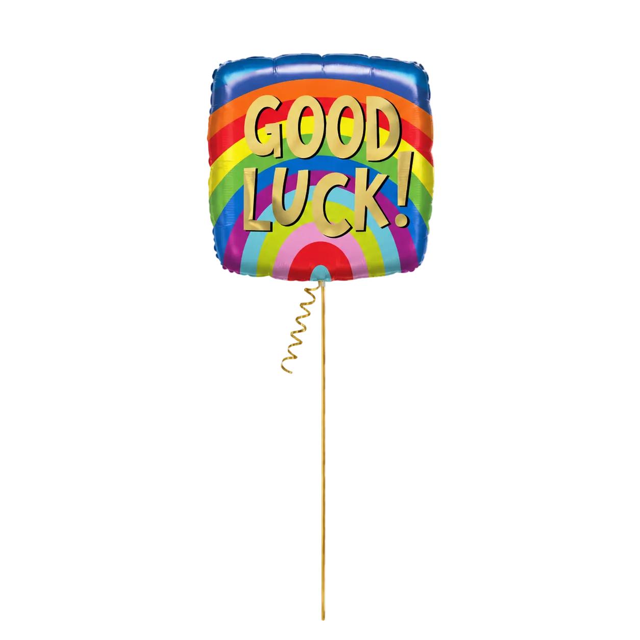 A square foil balloon with a rainbow striped background and the words 'GOOD LUCK!' in large yellow letters, attached to a gold spiral string on a plain white background.