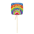 A square foil balloon with a rainbow striped background and the words 'GOOD LUCK!' in large yellow letters, attached to a gold spiral string on a plain white background.