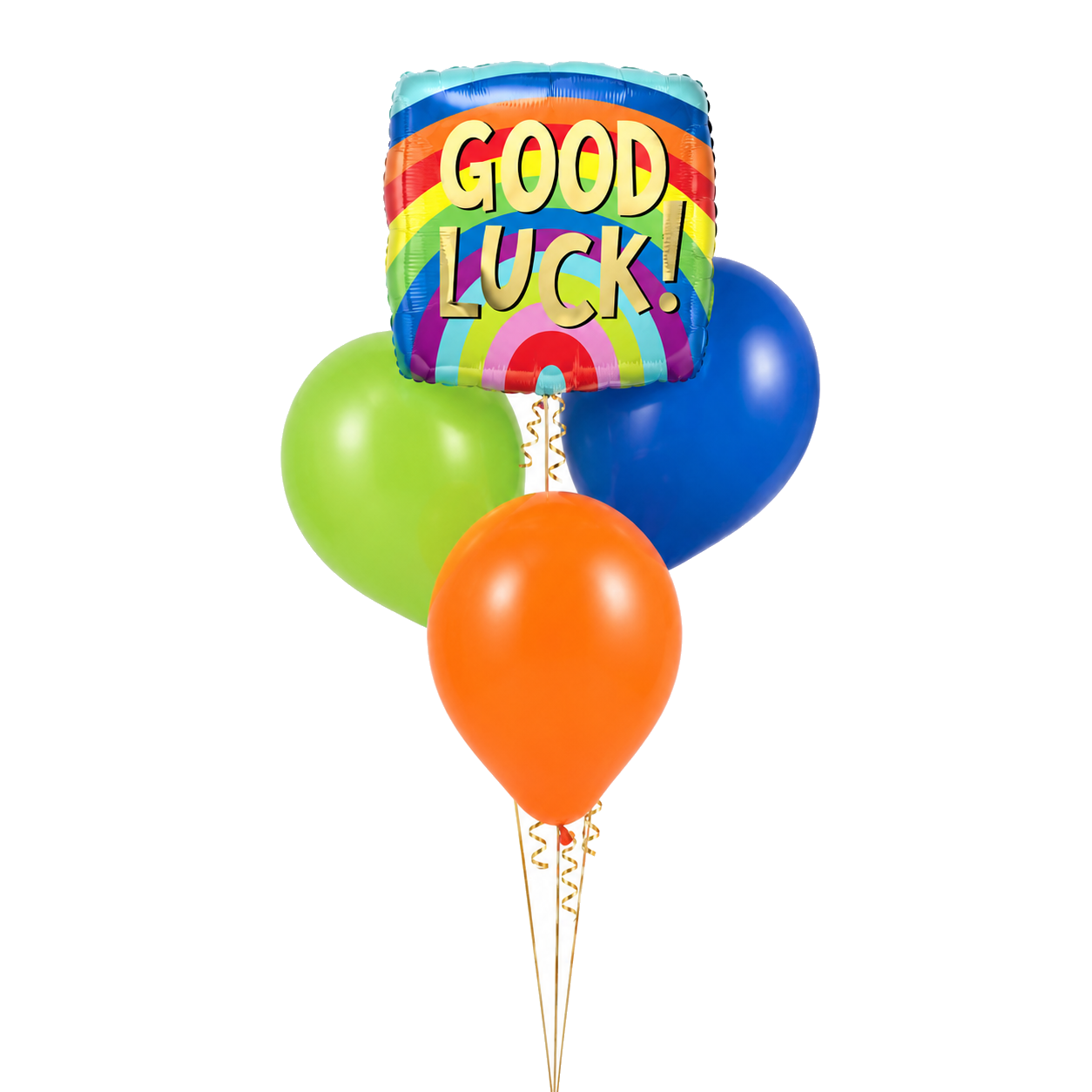 A balloon bouquet featuring a square foil balloon with 'GOOD LUCK!' in colorful letters over a rainbow, plus three latex balloons in green, blue, and orange, on a plain white background.