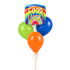 A balloon bouquet featuring a square foil balloon with 'GOOD LUCK!' in colorful letters over a rainbow, plus three latex balloons in green, blue, and orange, on a plain white background.