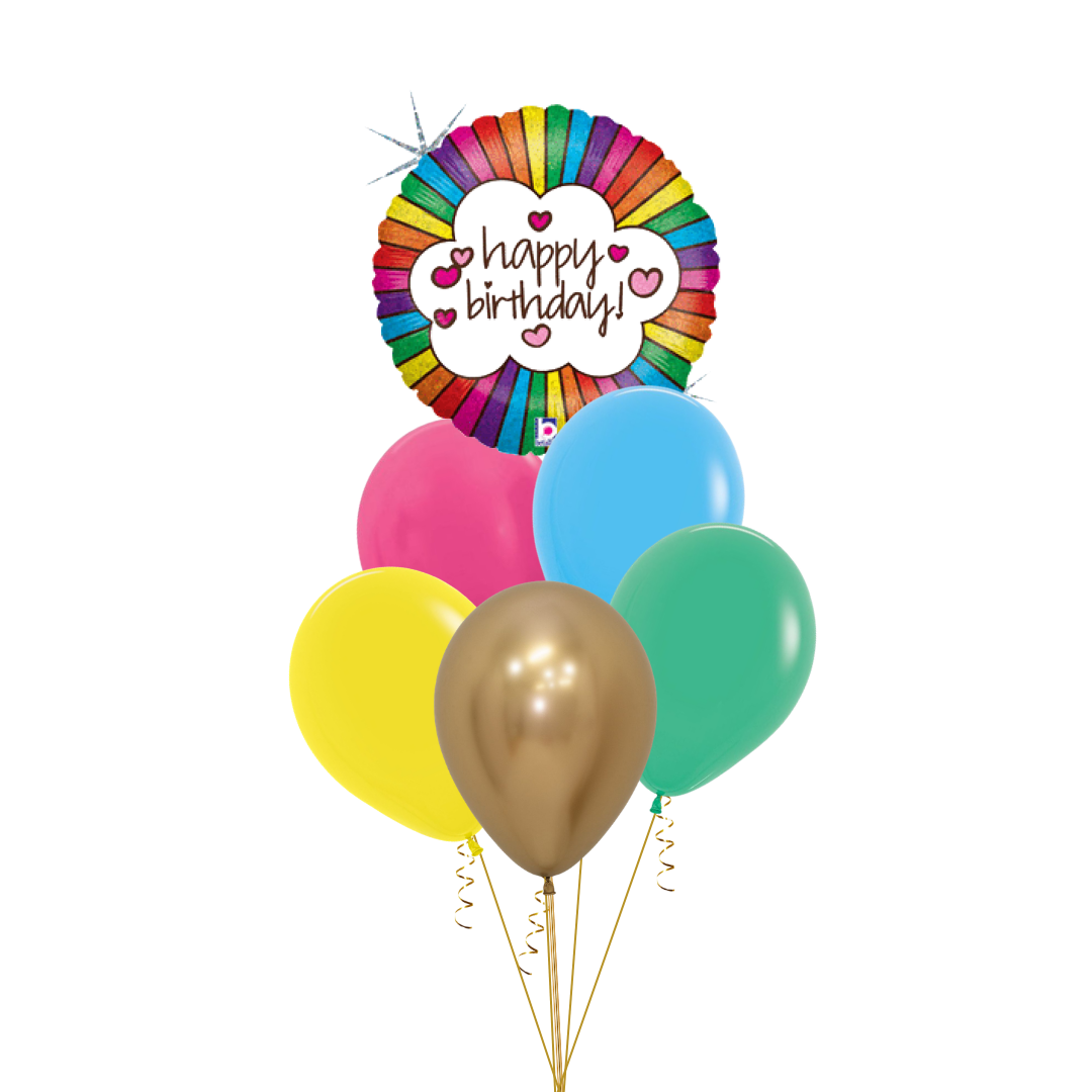 A Retro Rainbow birthday balloon bouquet featuring a round rainbow foil balloon with 'happy birthday!' text and six latex balloons in yellow, pink, blue, green, and metallic gold, isolated on a white background.