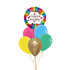 A Retro Rainbow birthday balloon bouquet featuring a round rainbow foil balloon with 'happy birthday!' text and six latex balloons in yellow, pink, blue, green, and metallic gold, isolated on a white background.