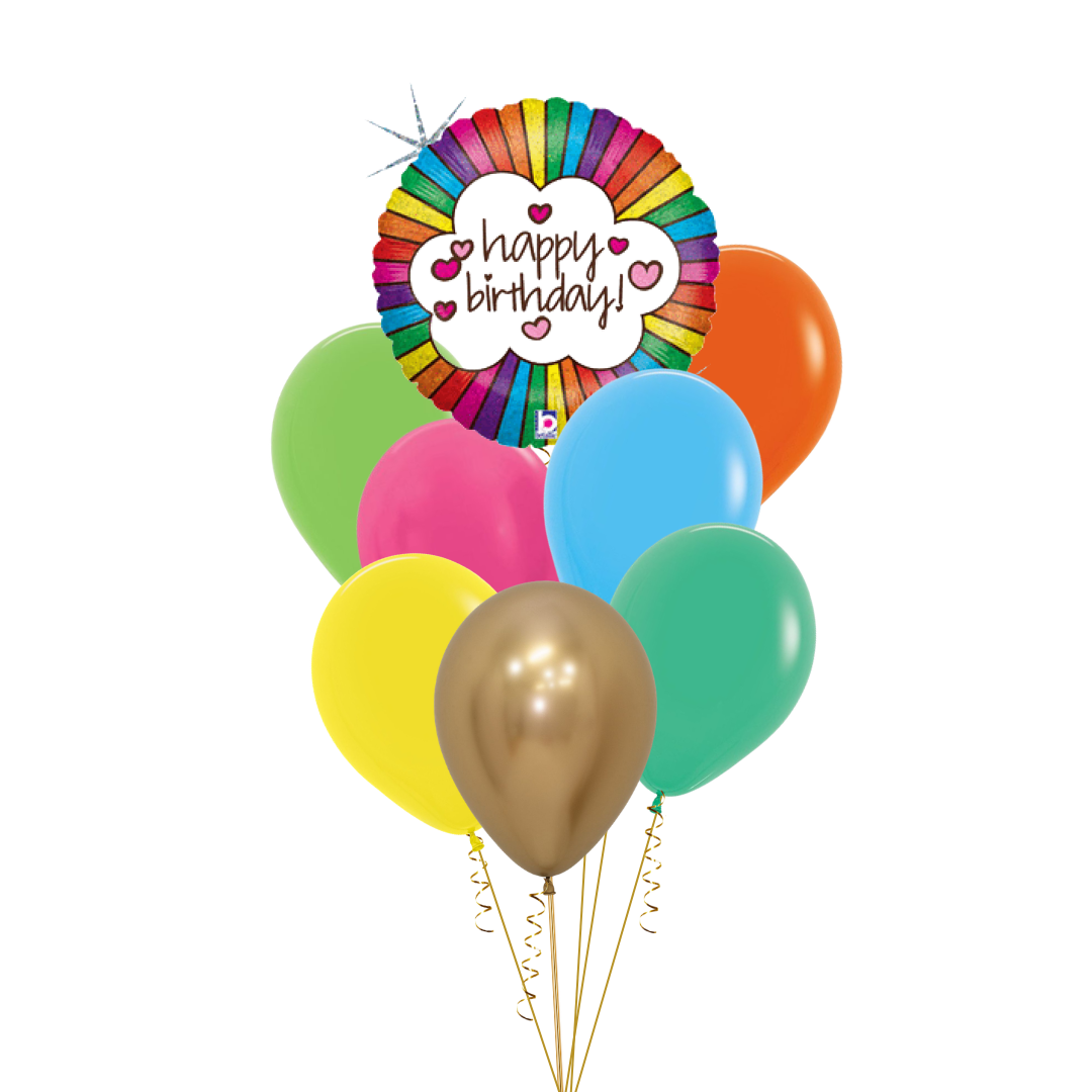 A cluster of birthday balloons on a white background, including a retro rainbow round metallic foil balloon with a rainbow border and 'happy birthday!' text, plus multiple latex balloons in green, orange, pink, blue, yellow, and metallic gold.