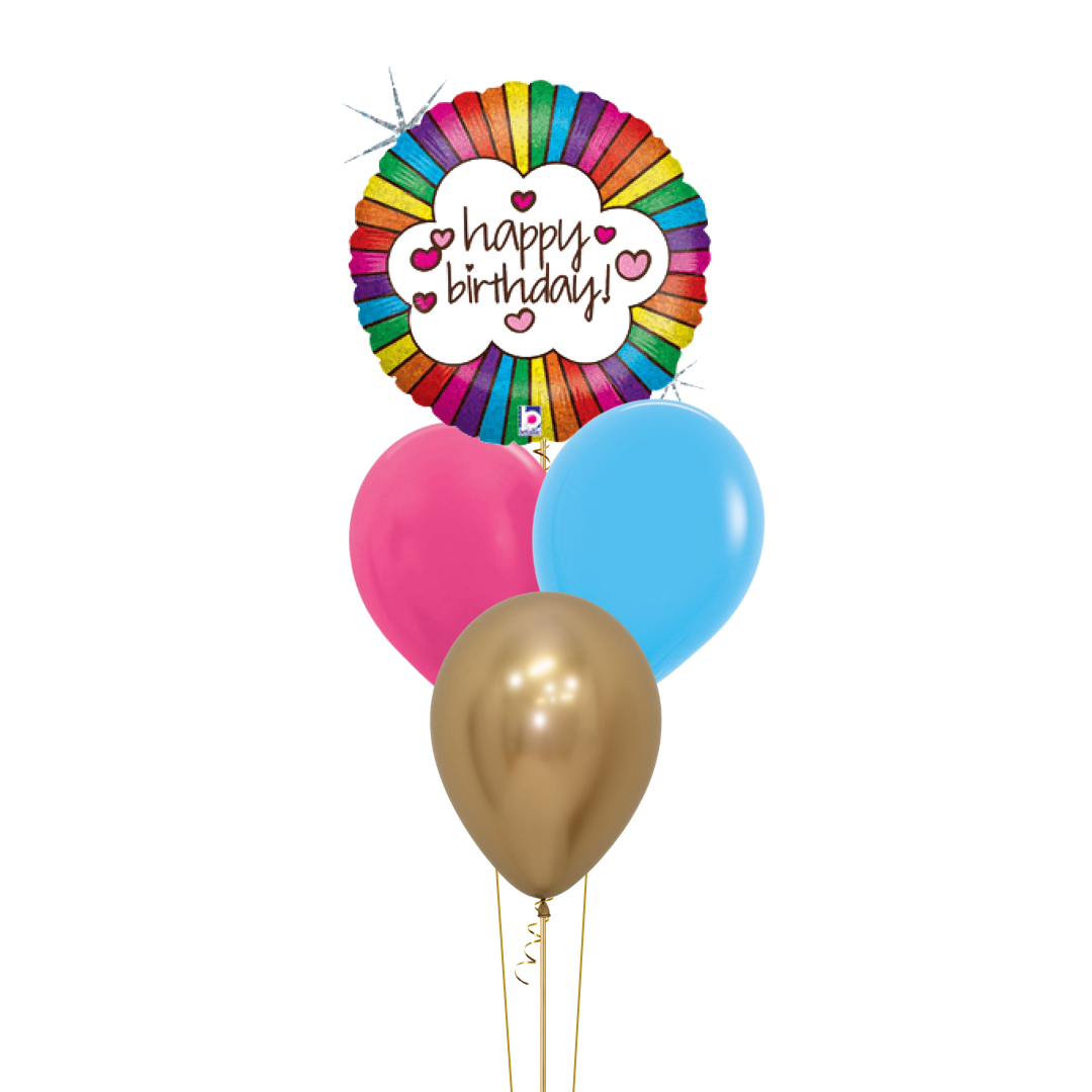 A birthday balloon bouquet featuring a round metallic foil balloon with a rainbow border and a white center that reads 'happy birthday!' in script, plus three latex balloons in pink, light blue, and metallic gold on a plain white background.