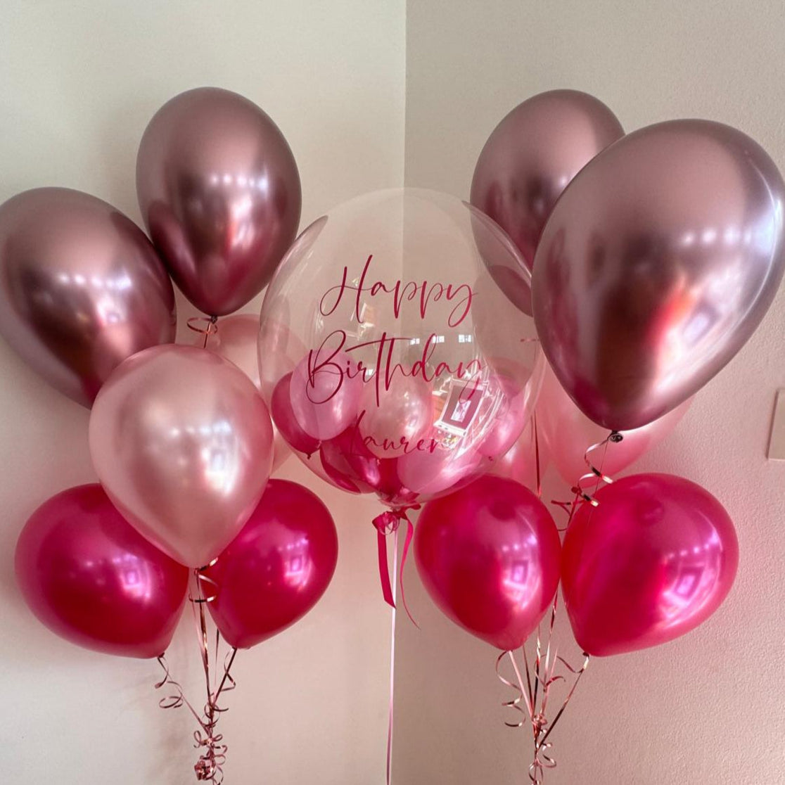 Personalised Bubble Balloon with 3 Shades of Pink Latex Bunch