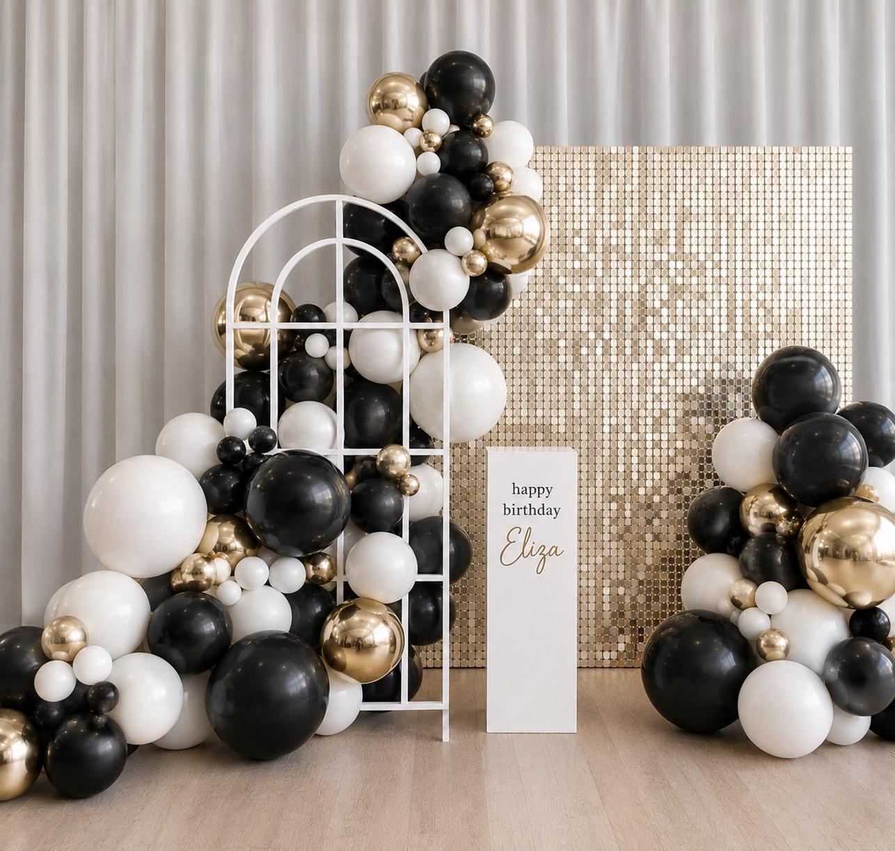 Premium Party Styling Package - Full Backdrop Setup with Balloons & Shimmer Wall