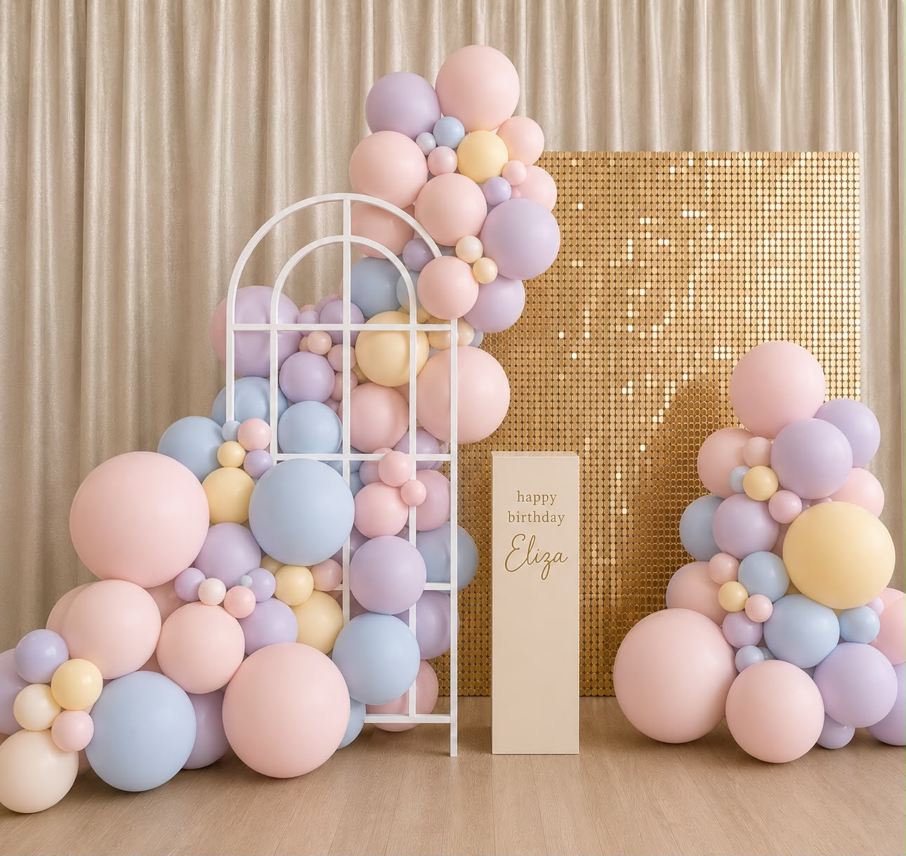 Premium Party Styling Package - Full Backdrop Setup with Balloons & Shimmer Wall