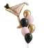 Balloon bouquet with a cocktail glass and black, pink, and gold balloons on a white background